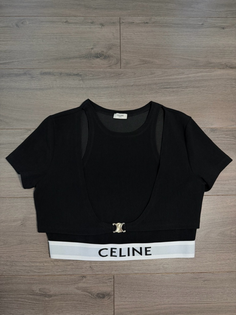Black Cropped Logo Band Short Sleeve Top- blouse/ new